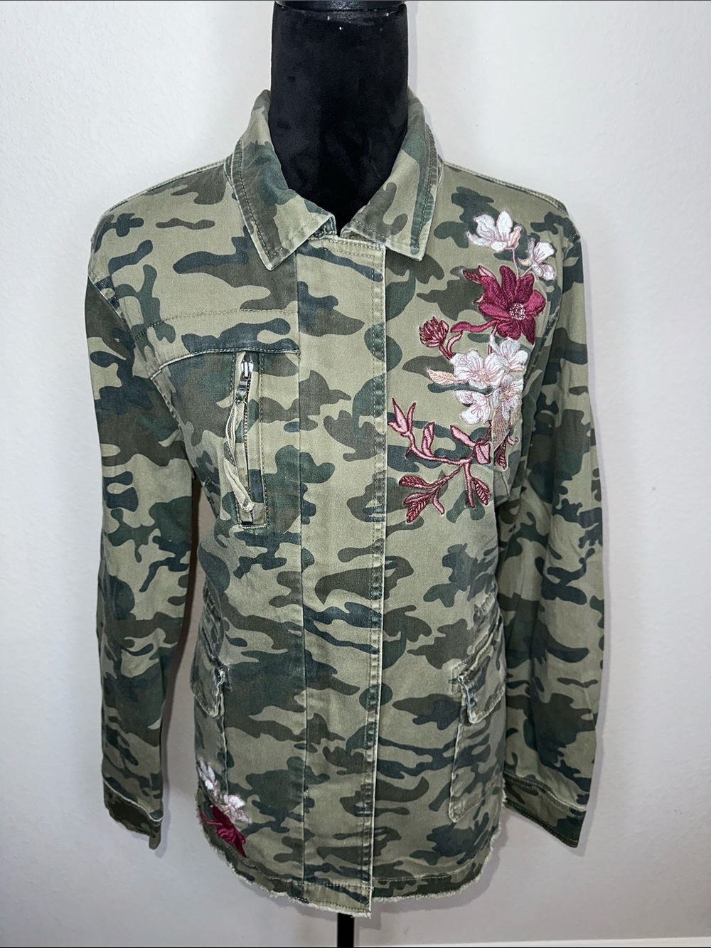 Lane Bryant Green Camo Utility Jacket with Pink & White Floral Embroidery
